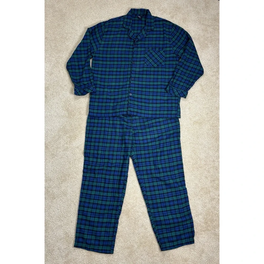 St. John's Bay Men's Flannel Pajama Set Green /Blue Plaid XL